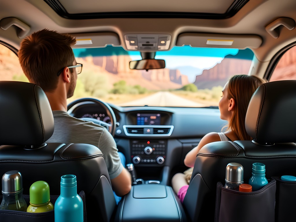 Interior of family SUV showing travel accessories with Zion landscape visible through windows