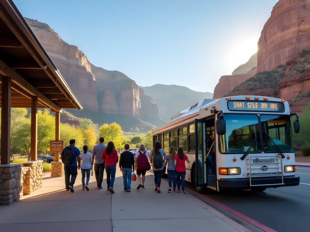 Springdale shuttle stop with Zion cliffs in background and families boarding