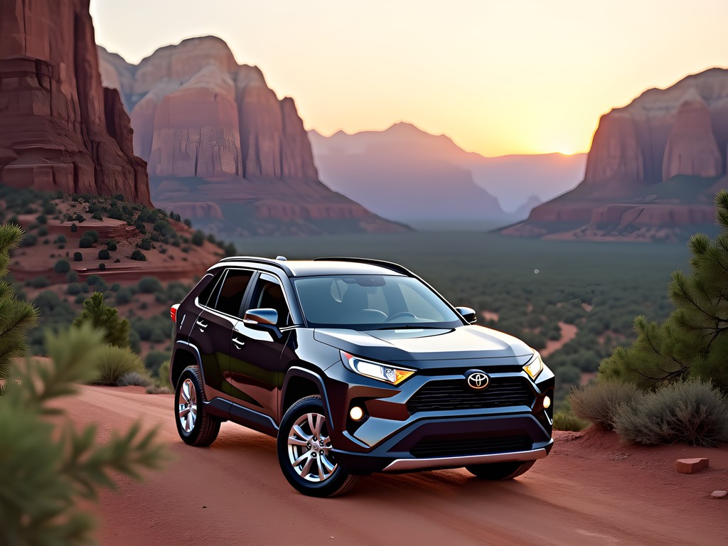 SUV parked at scenic overlook with Zion National Park mountains in background
