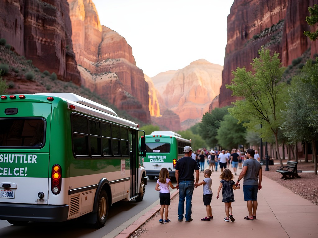 Families boarding Zion National Park shuttle with mountains in background
