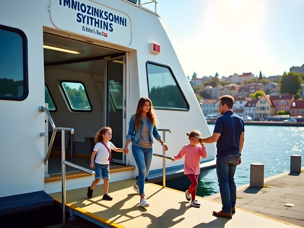 Family with children boarding a ferry at Stavanger harbor