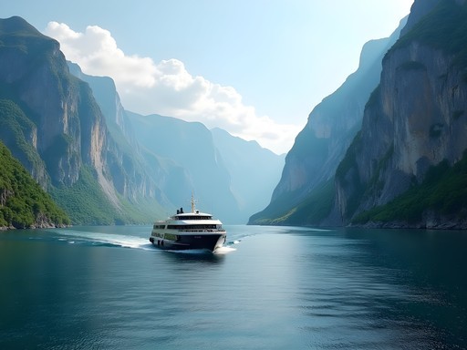 Ferry navigating through Lysefjord with Pulpit Rock visible on the cliff face