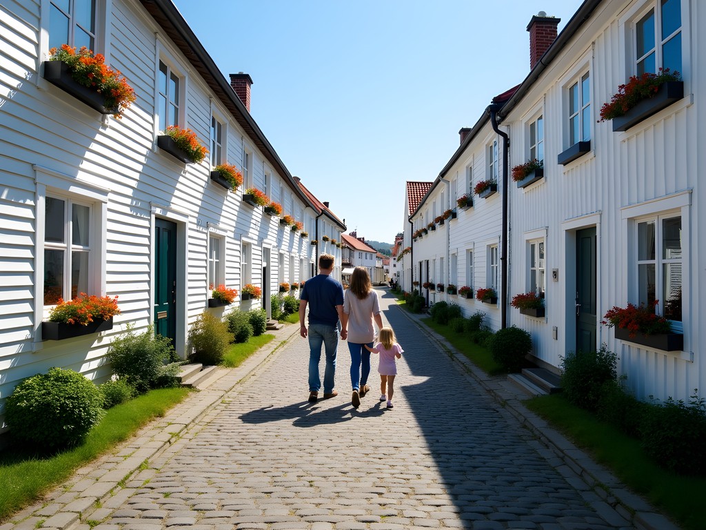 Family walking through the colorful wooden houses of Old Stavanger