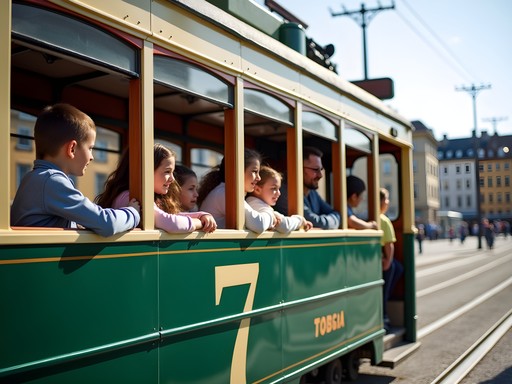 Historic Djurgården tram with families enjoying the ride along Stockholm waterfront