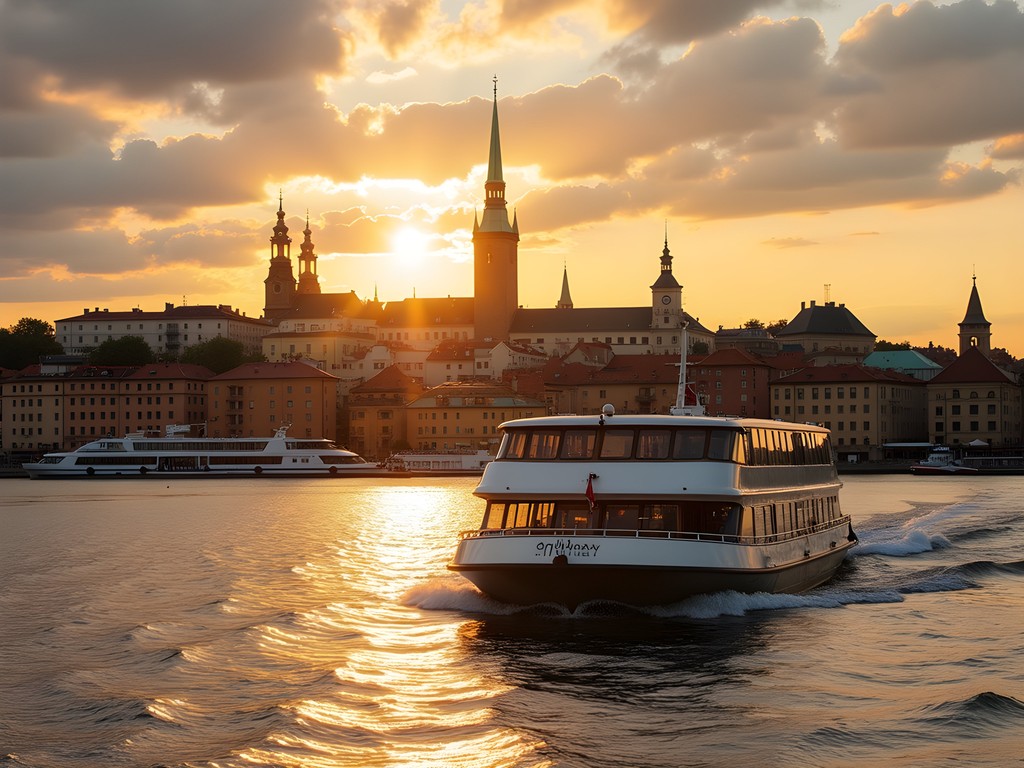 Ferry crossing from Slussen to Djurgården during golden hour with Stockholm skyline view