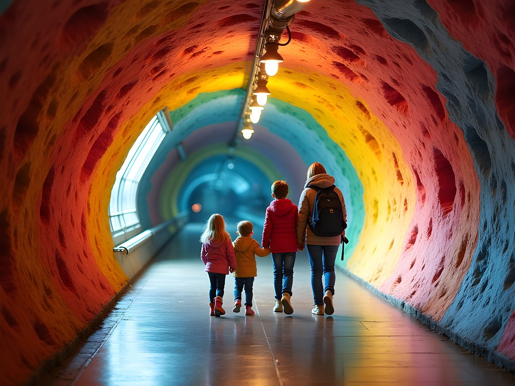 Family exploring colorful art installations in Stockholm's tunnelbana station