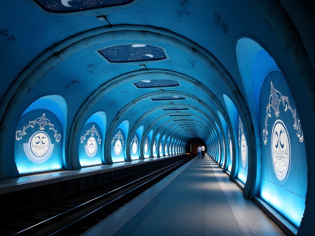 Dramatic blue cave-like ceiling of T-Centralen station in Stockholm's tunnelbana