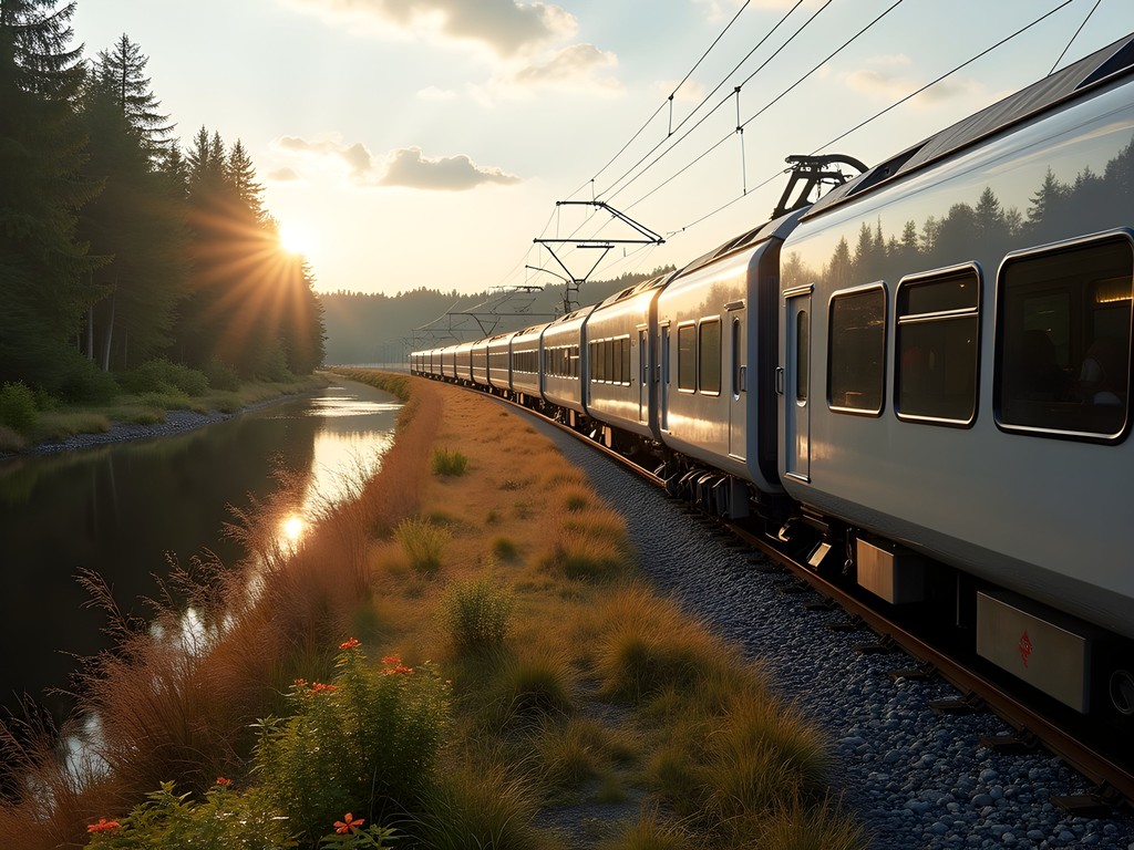 Electric train passing through pristine Scandinavian landscape