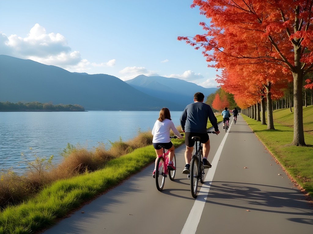 Family biking along the scenic Sun Moon Lake bikeway with autumn foliage