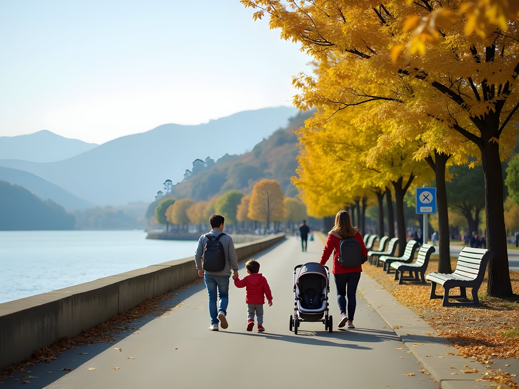 Family walking on the stroller-friendly lakeside path at Sun Moon Lake