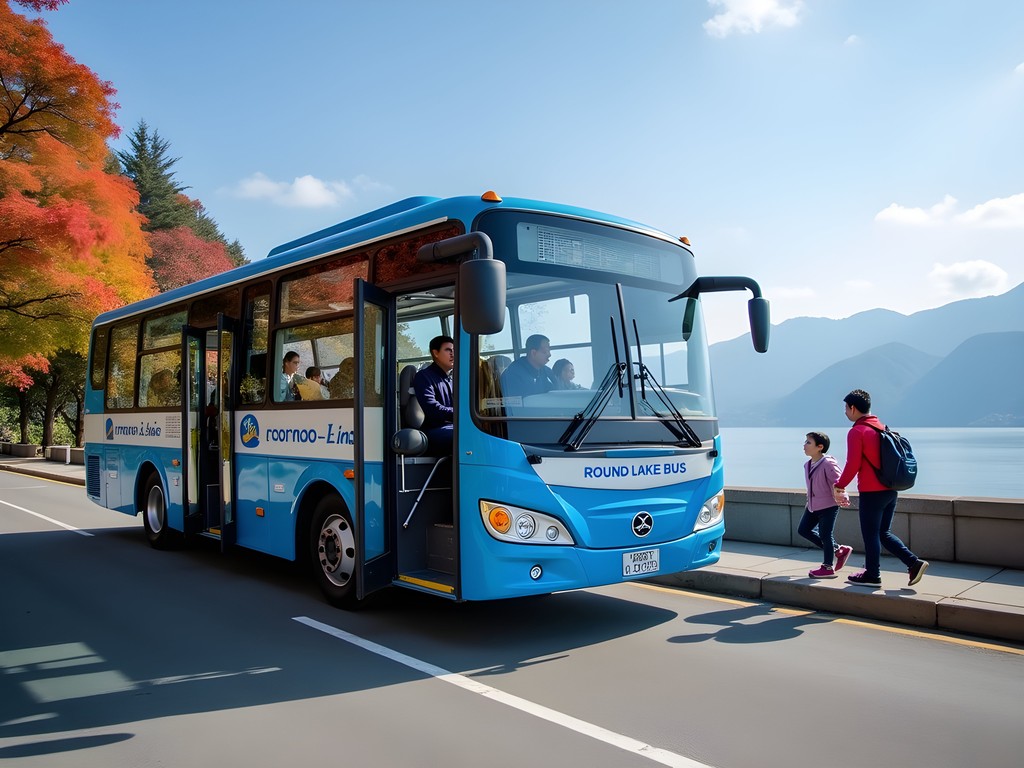 Round-Lake Bus at a scenic stop on Sun Moon Lake with passengers boarding