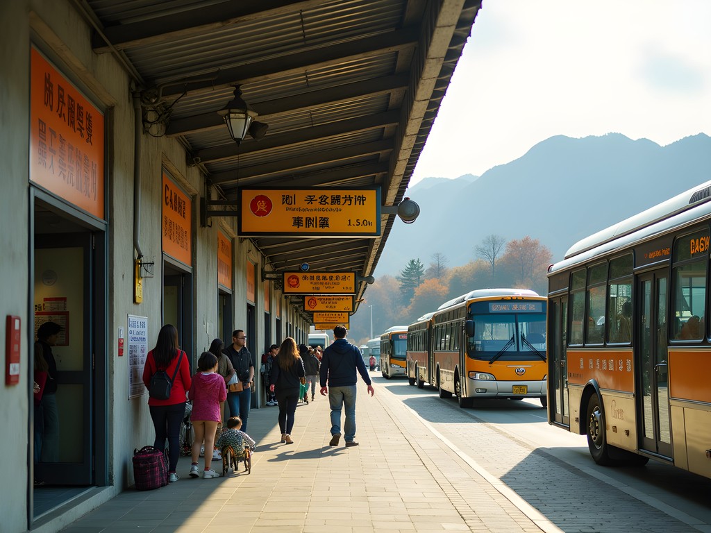 Sun Moon Lake Bus Station with mountain backdrop and waiting passengers