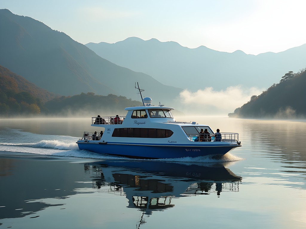 Passenger ferry on Sun Moon Lake during autumn morning with mountain backdrop