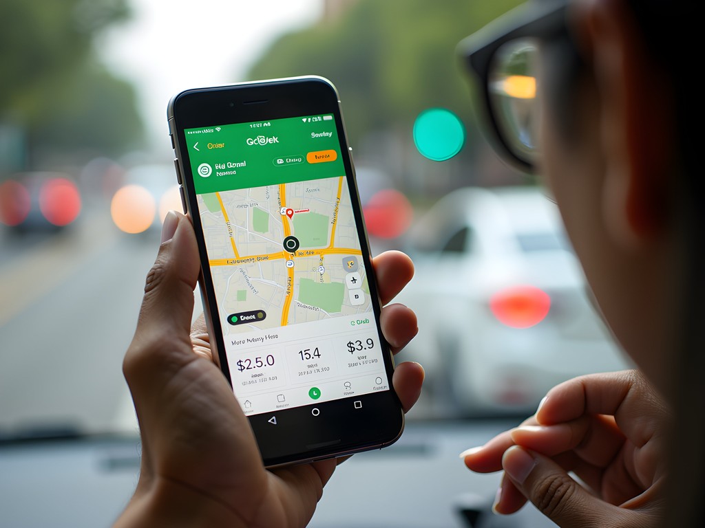 Split screen showing GoJek and Grab apps being used to book transportation in Surabaya