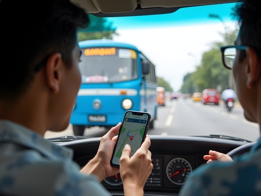 Traveler using translation app to communicate with local angkot driver in Surabaya