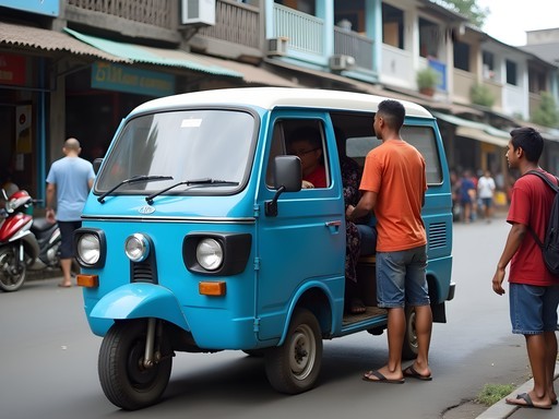 Blue angkot minivan in Surabaya with passengers boarding on a busy street