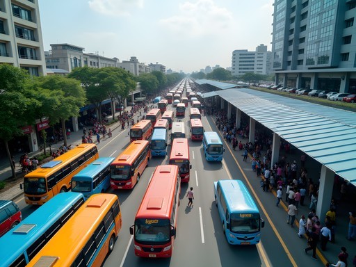 Aerial view of Surabaya's main transportation hub showing buses, angkots and pedestrians