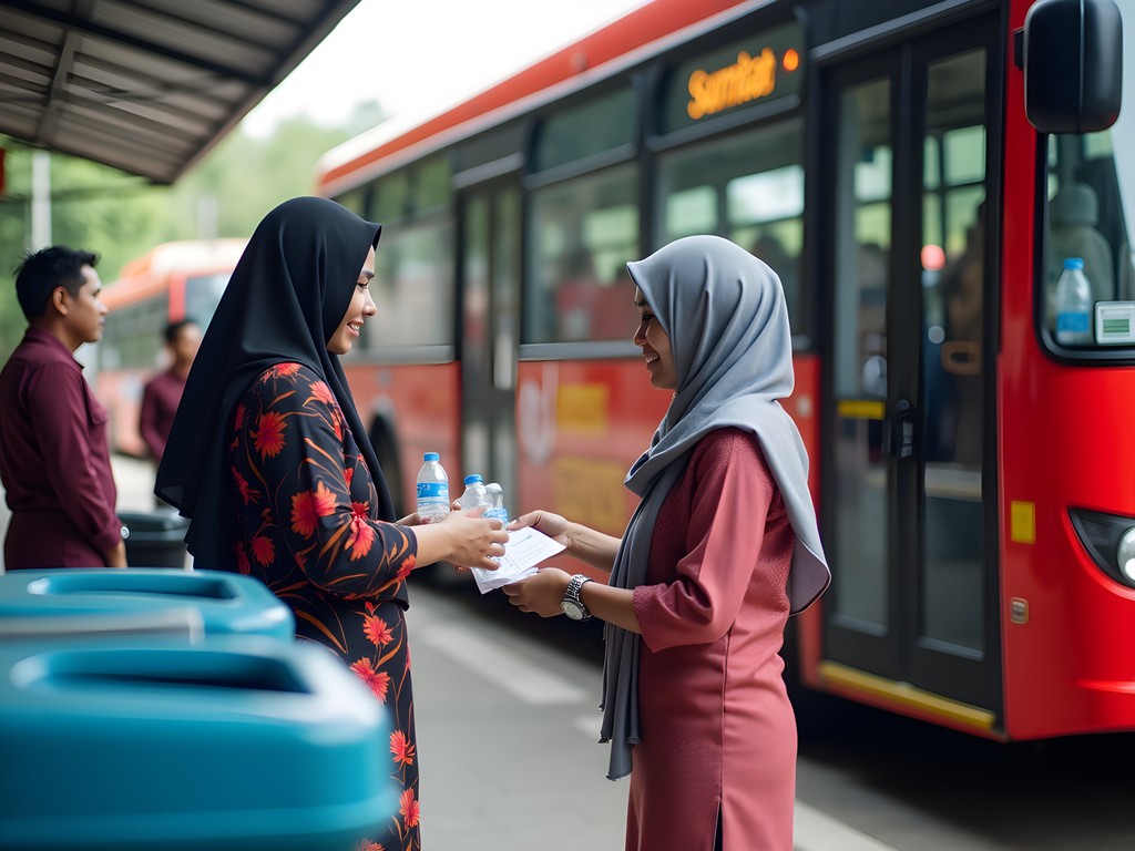 Suroboyo Bus with passengers paying with plastic bottles at collection point