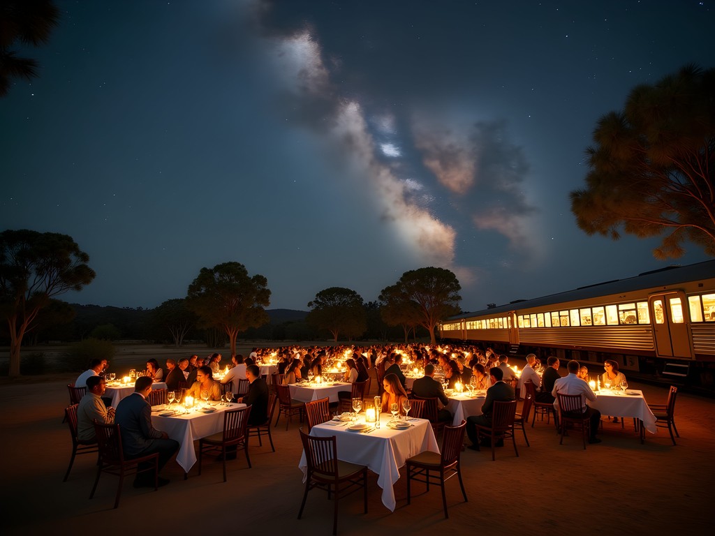 Couples enjoying an elegant outback dinner under the stars at Rawlinna stop on the Indian Pacific journey