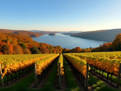 Vineyard overlooking Seneca Lake with fall colors and clear blue skies