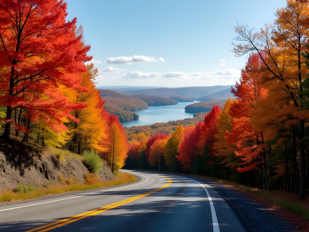 Winding road through Hudson Valley with peak fall foliage and river views