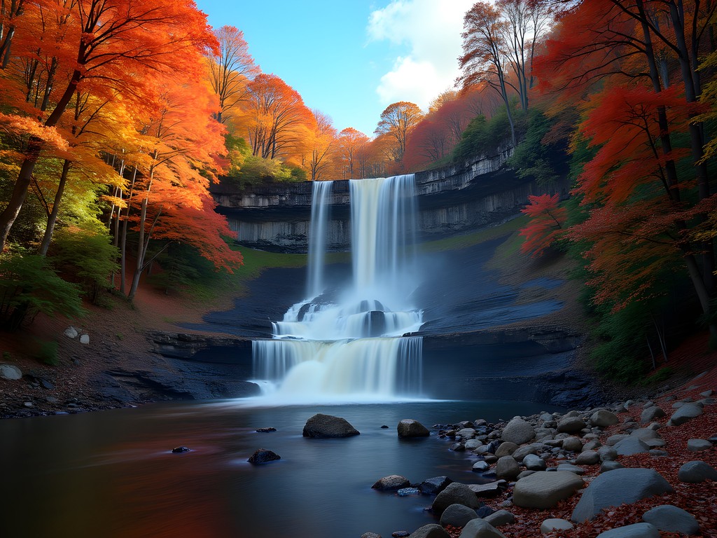 Two-tiered Kaaterskill Falls surrounded by brilliant autumn foliage in the Catskills