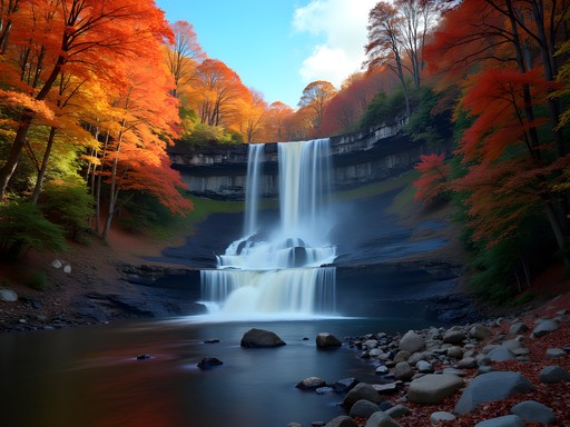 Two-tiered Kaaterskill Falls surrounded by brilliant autumn foliage in the Catskills