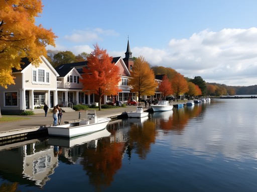 Charming waterfront of Skaneateles Lake with historic buildings and fall colors