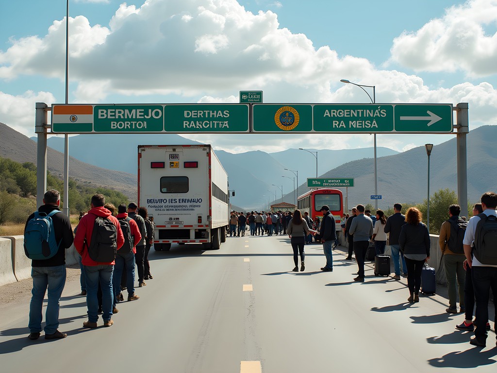 Bermejo border crossing between Bolivia and Argentina with travelers and officials