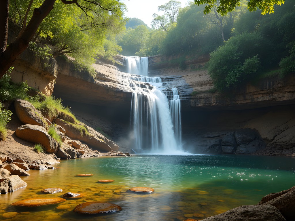Lush green Coimata Waterfalls near Tarija, Bolivia with hiking trail visible