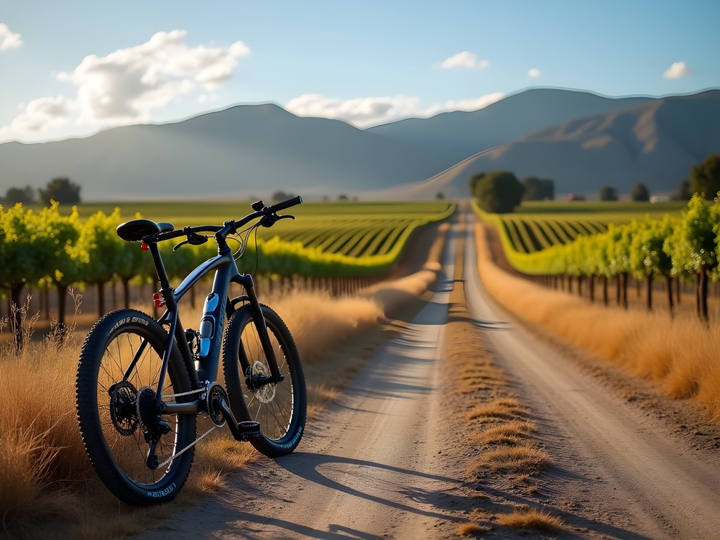 Mountain bike parked along vineyard road in Tarija's wine country with rolling hills and vines