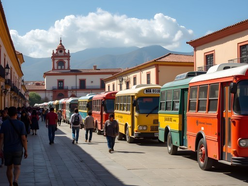 Colorful public minibuses (micros) at the central plaza in Tarija, Bolivia