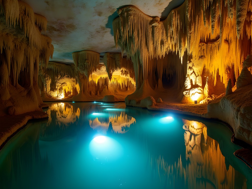 Spectacular illuminated stalactite and stalagmite formations in Bears Cave, Romania