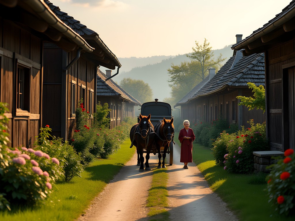 Traditional Romanian village with wooden houses, horse-drawn cart, and locals in traditional dress