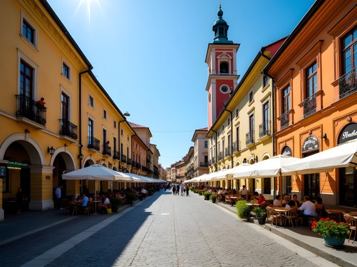 Colorful baroque buildings and outdoor cafes in Union Square, Timisoara