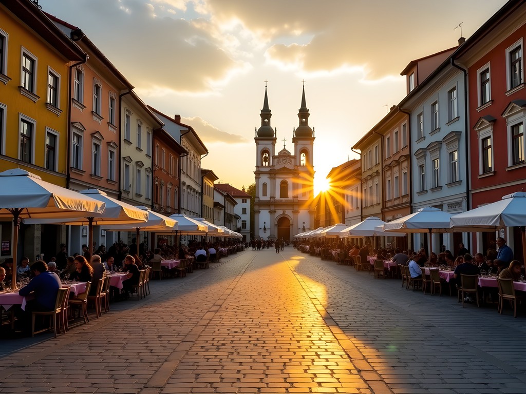 Sunset view of Victory Square in Timisoara with historic buildings and outdoor cafes