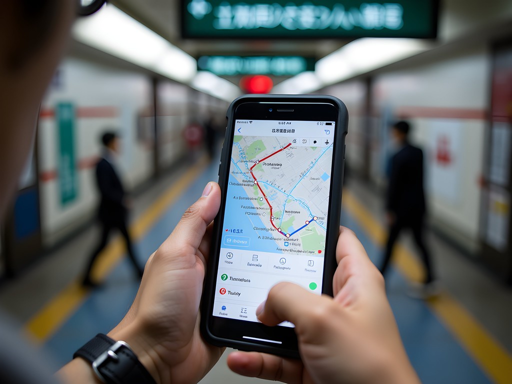 Traveler using Japan Transit app on smartphone at Shibuya Station with famous crossing visible in background