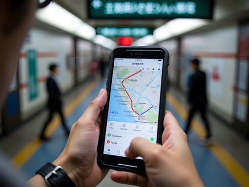 Traveler using Japan Transit app on smartphone at Shibuya Station with famous crossing visible in background