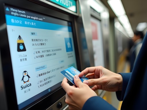 Tourist purchasing a Suica card from an automated ticket machine in Tokyo Station