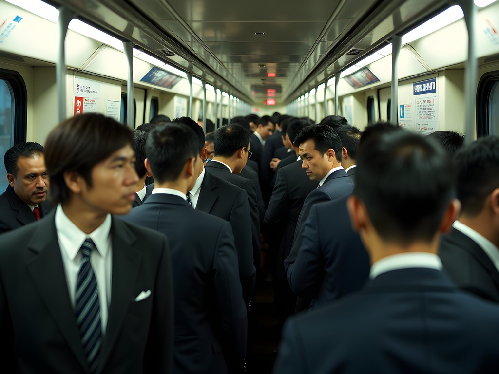 Crowded Tokyo metro train during rush hour with passengers packed tightly