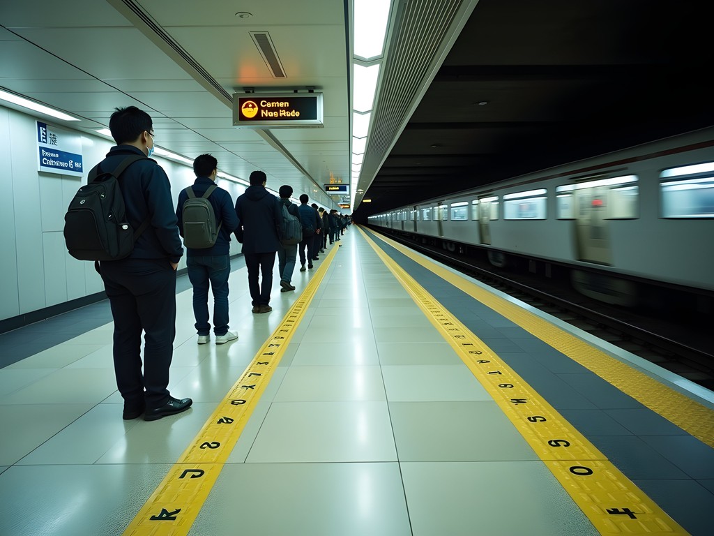 Orderly queues of commuters waiting at marked positions on a Tokyo metro platform