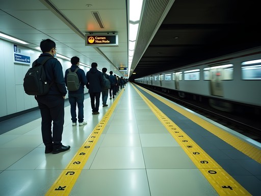 Orderly queues of commuters waiting at marked positions on a Tokyo metro platform