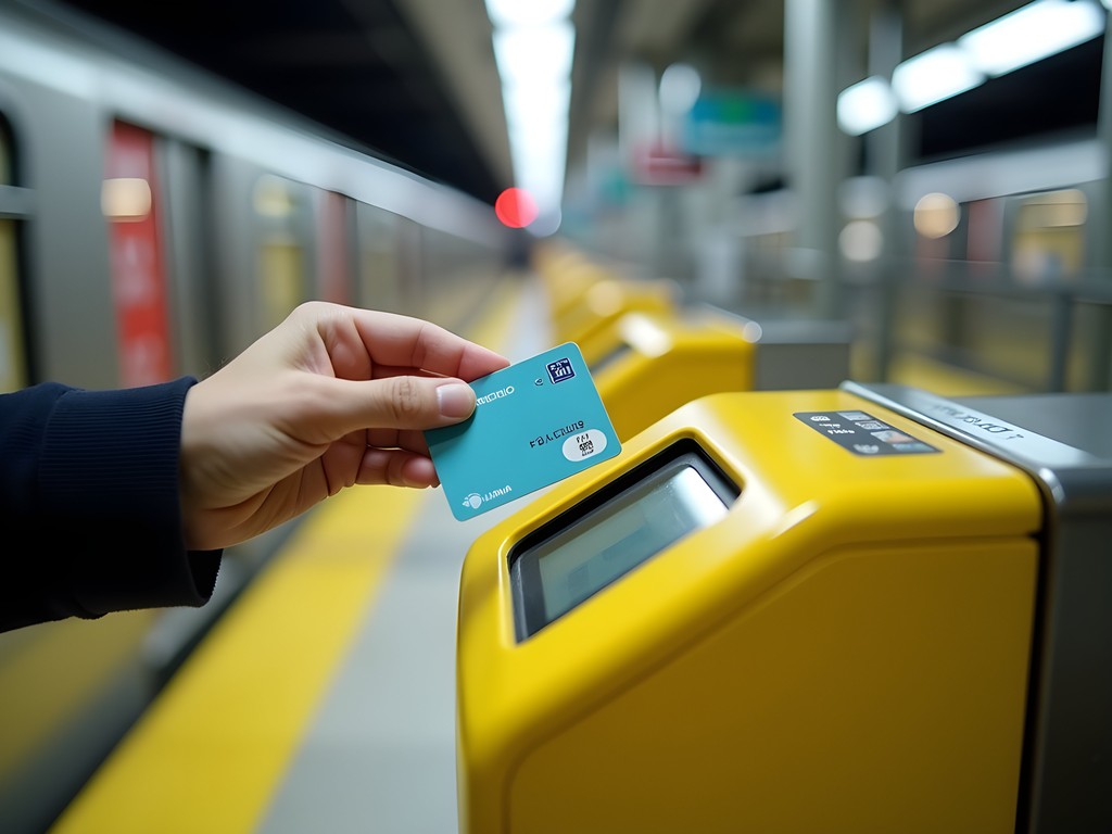 Person tapping Suica card at Tokyo station gate with train in background