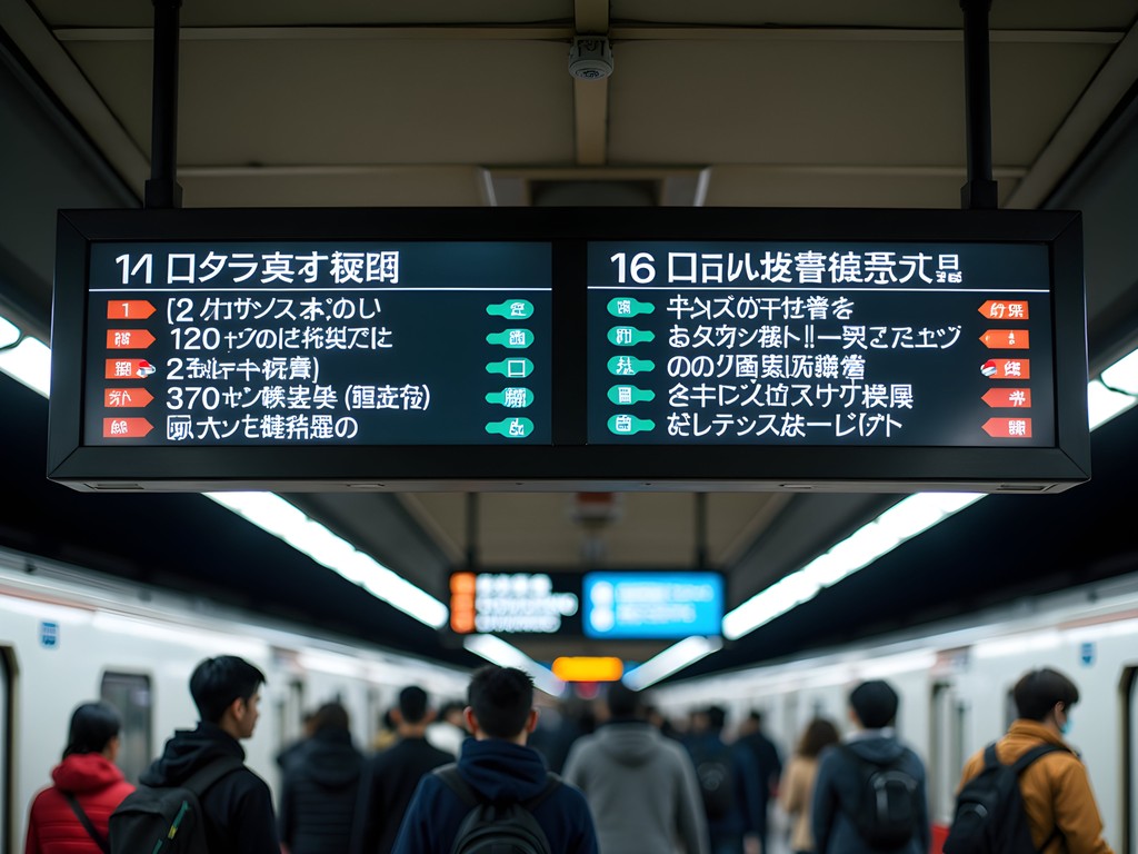 Colorful directional signs in Tokyo train station with multiple line indicators