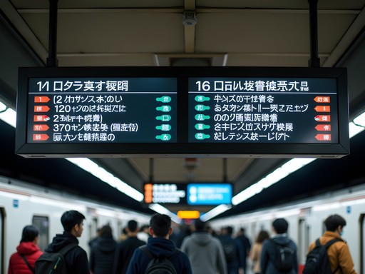 Colorful directional signs in Tokyo train station with multiple line indicators
