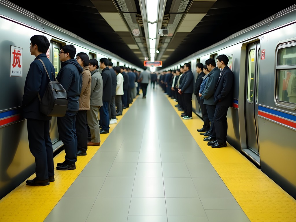 Orderly queues forming on a Tokyo train platform with marked waiting lines