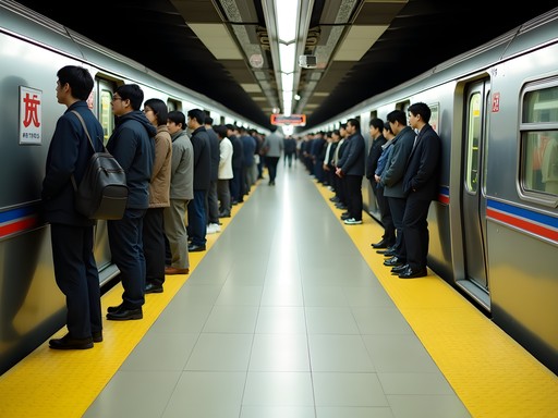 Orderly queues forming on a Tokyo train platform with marked waiting lines