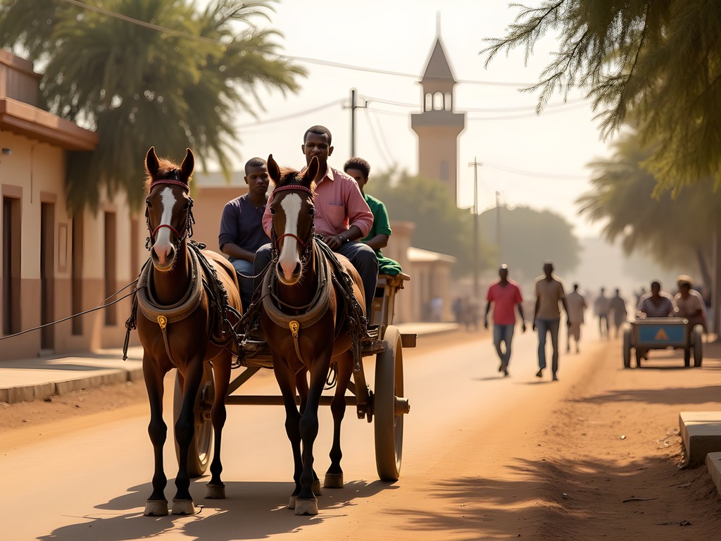 Traditional horse cart (charrette) transportation on dusty streets of Touba with Grand Mosque visible in background