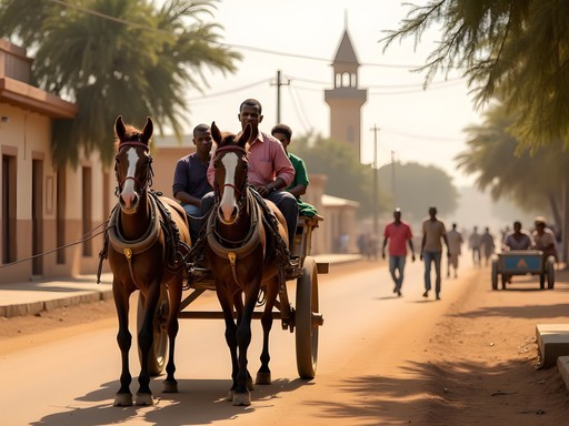 Traditional horse cart (charrette) transportation on dusty streets of Touba with Grand Mosque visible in background