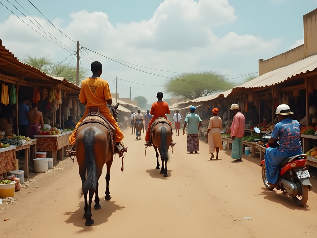 Rural weekly market (louma) transportation outside Touba with diverse vehicles and market activity